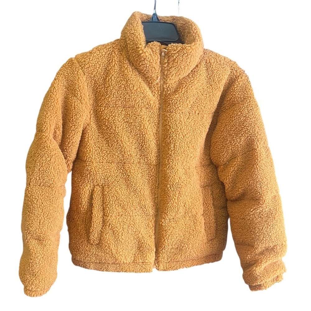 Art Class Girls Sherpa Puffer Jacket Mustard Yellow Faux Fur Zip Up Coat Large L